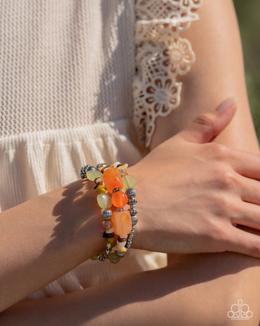 Feeling Alive - Multi Colored Orange, Raw Umber, Fern & Golden Palm Coil Bracelet Paparazzi B1753