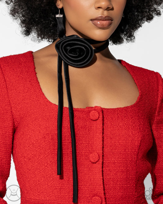 Rosette Reality - Black Oversized Rosette Silk Floral Necklace Life Of The Party September 2024 Paparazzi N2507