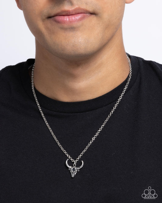 Speeding Up - Black Stone Silver Longhorn Skull Pendant Urban Santa Fe Style Necklace Paparazzi