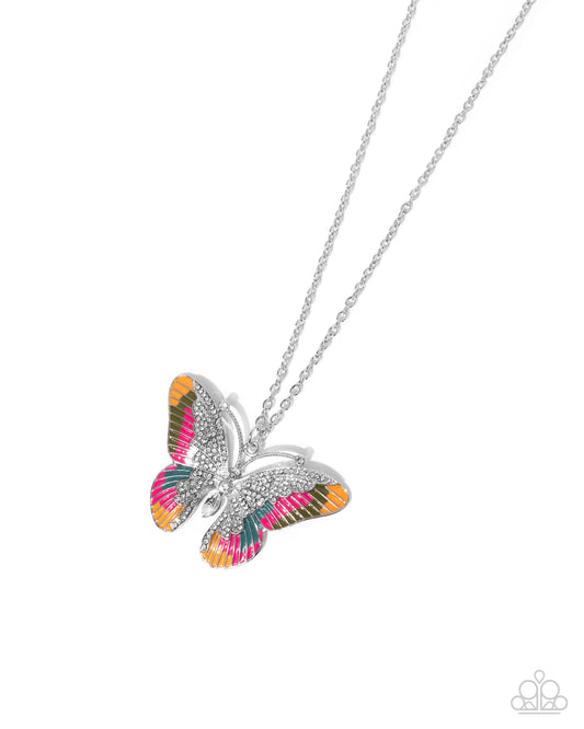 Papillon Pizzazz - Multi Pink Peacock, Blue & White Rhinestone Embellished Butterfly Necklace Paparazzi N3135