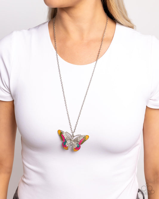 Papillon Pizzazz - Multi Pink Peacock, Blue & White Rhinestone Embellished Butterfly Necklace Paparazzi N3135