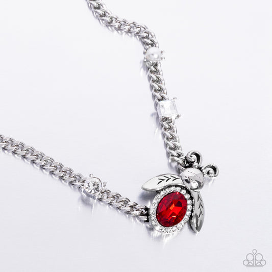 Bedazzled Beetle - Red Gem & Silver Beetle Necklace Paparazzi N2801
