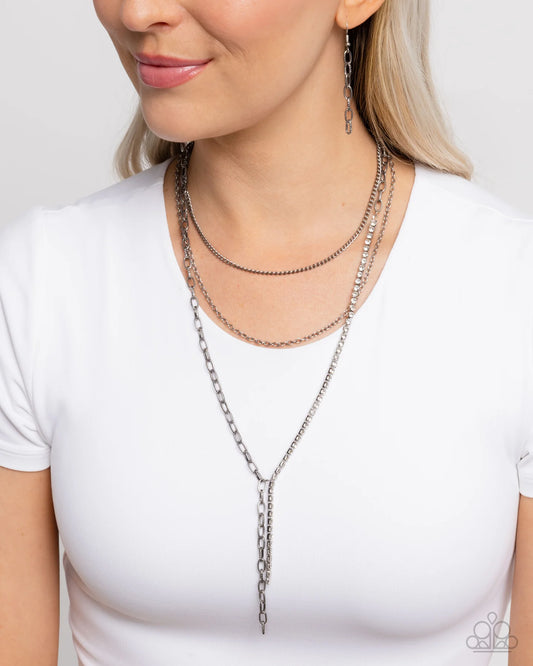 Ornate Obsession - White Rhinestone Silver Y Style Layered Necklace - Paparazzi N3413