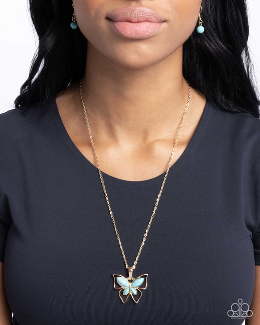 Papillon Persuasion - Gold Frame Blue Turquoise Stone Butterfly Necklace Santa Fe Style Paparazzi