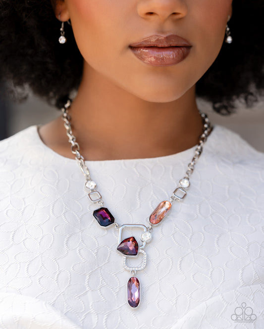 Artistic Elegance - Purple Amethyst, Light Peach, White Rhinestone Silver Necklace Paparazzi N2495