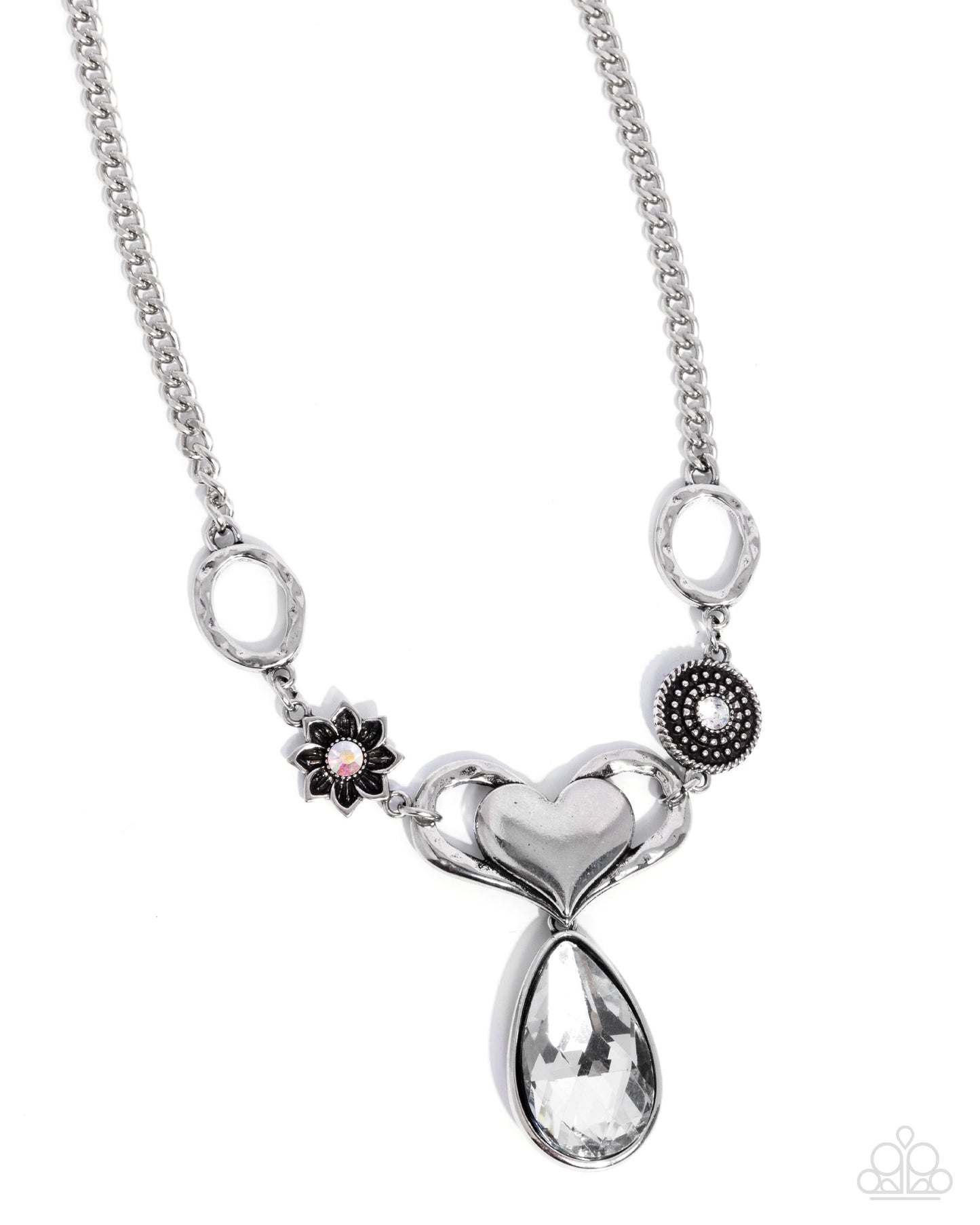 Paparazzi Favorite Fashion - White Iridescent Rhinestone Silver Heart Necklace N3846