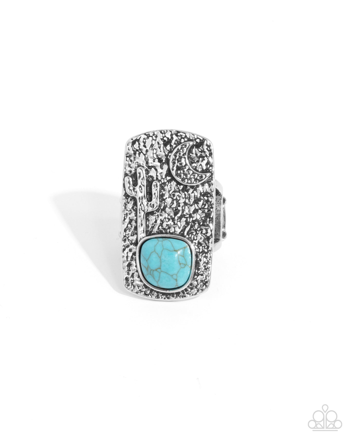 Desert Landscape - Blue Turquoise & Cactus Hammered Silver Santa Fe Style Ring Paparazzi R0806