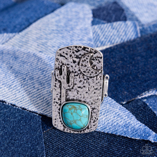 Desert Landscape - Blue Turquoise & Cactus Hammered Silver Santa Fe Style Ring Paparazzi R0806