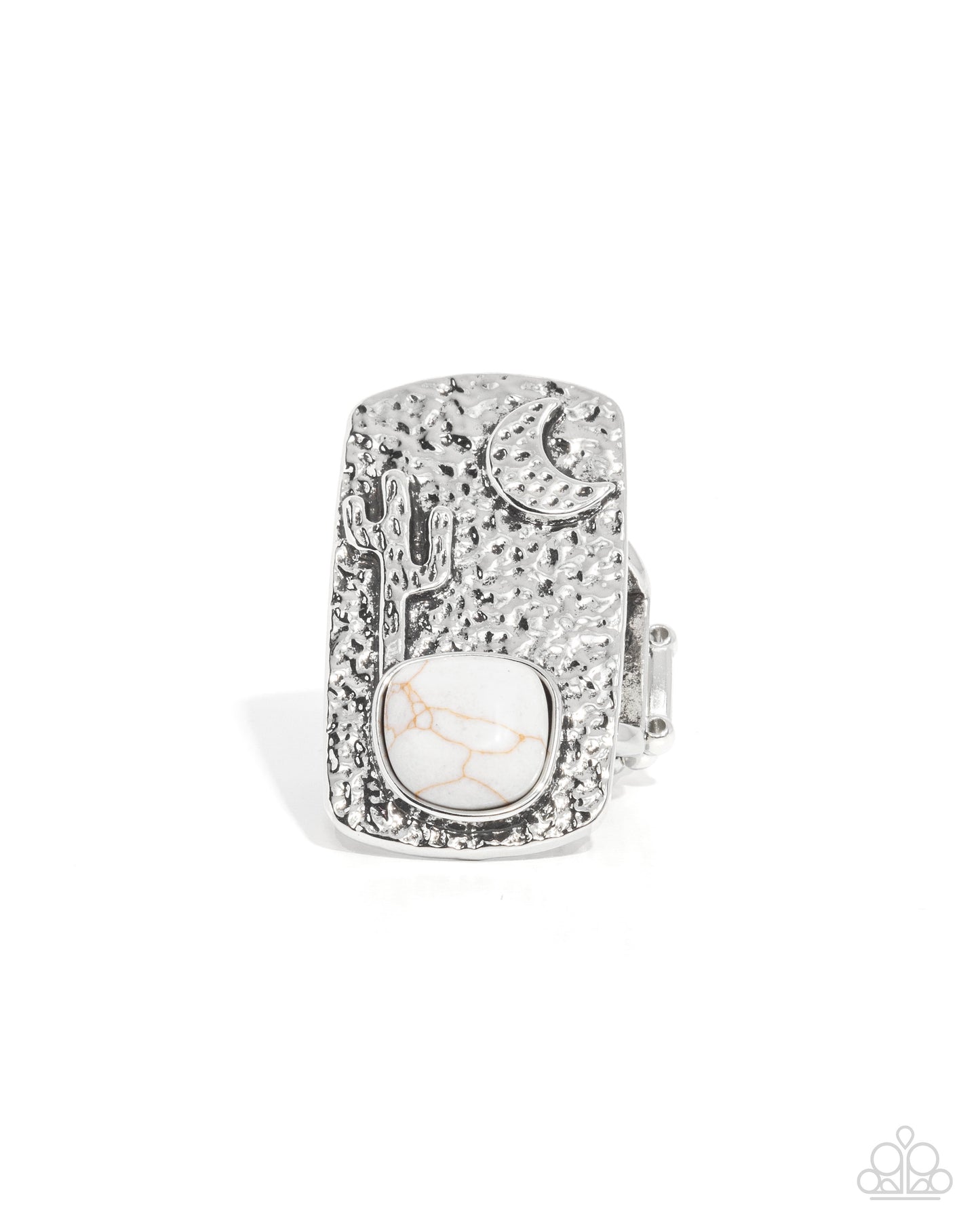 Desert Landscape - White Stone, Silver Cactus And Crescent Moon Santa Fe Style Ring Paparazzi R0796