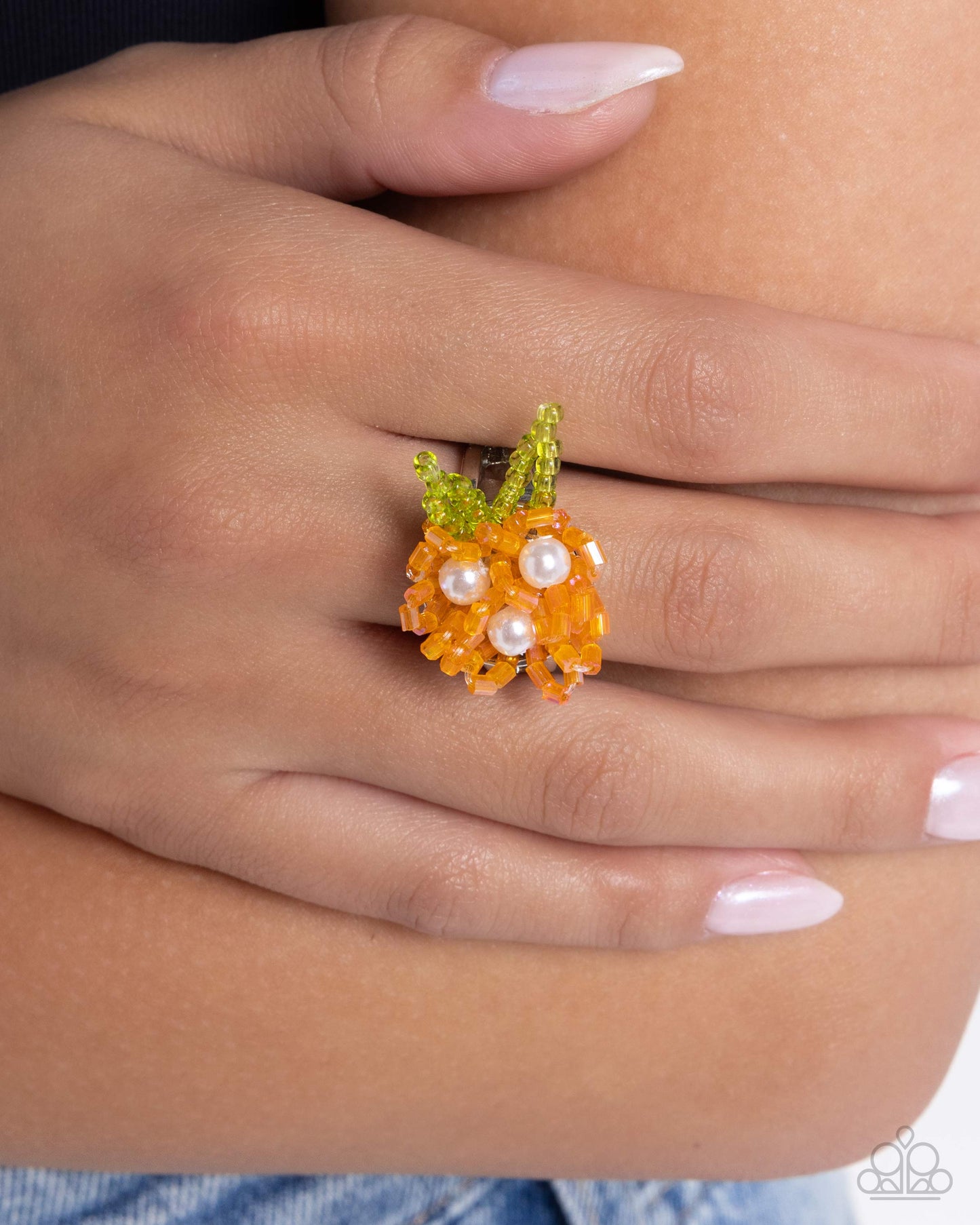 Pearl Priority - Orange Seed Bead Flower Ring Paparazzi R0801