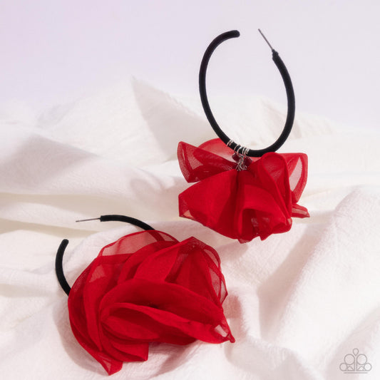 Passionate Promenade - Red Chiffon Petal & Black Velvet 2 Inch Hoop Earring E2401