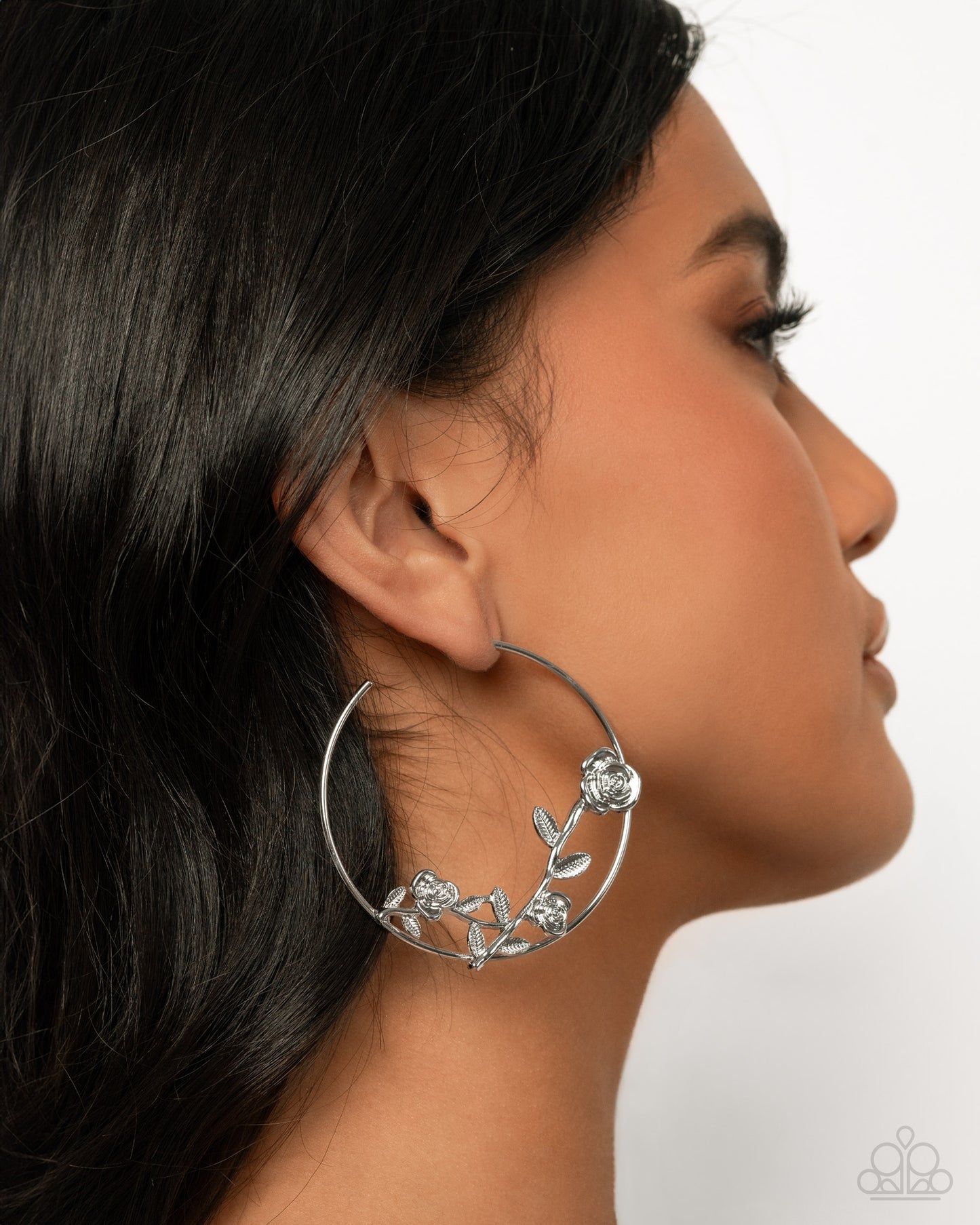 Blooming Benefit - Silver 2 1/4 Inch Flower Hoop Earring Paparazzi E2606