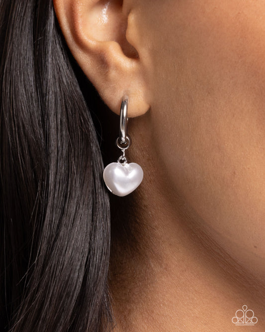 Carriage Chic - White Pearly Heart 3/4 Inch Hinge Hoop Earring Paparazzi E2472