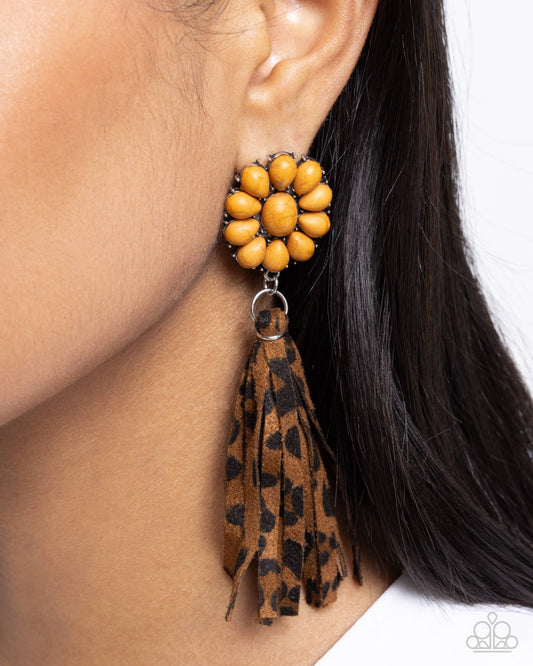 Hometown Hero - Brown Buckthorn Stone Flower Leopard Suede Fringe Earring Santa Fe Style Paparazzi