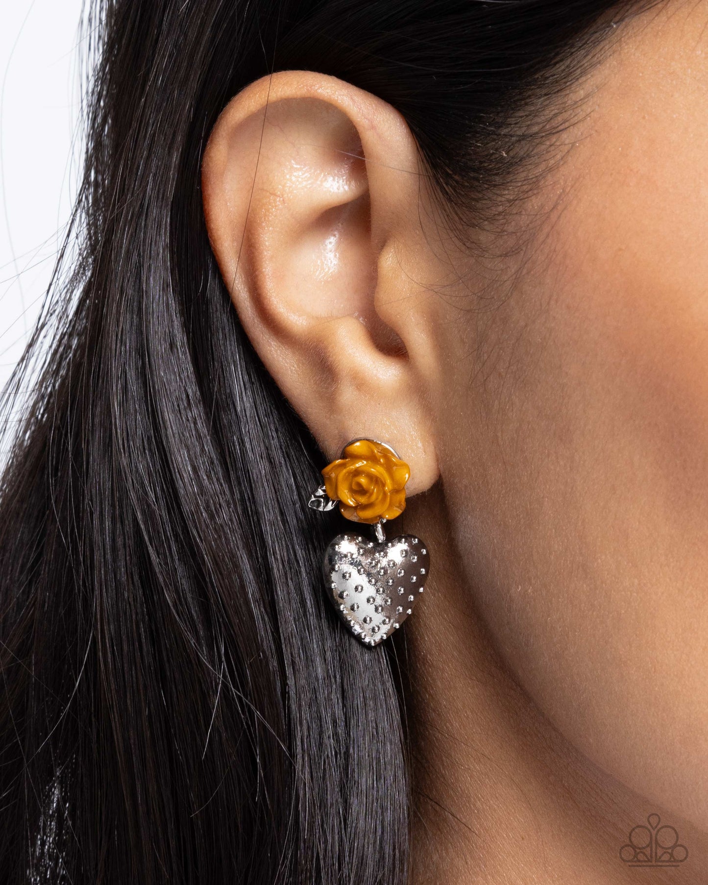Girly Grade - Brown Buckthorn Rosette & Silver Heart Earring Paparazzi E1998