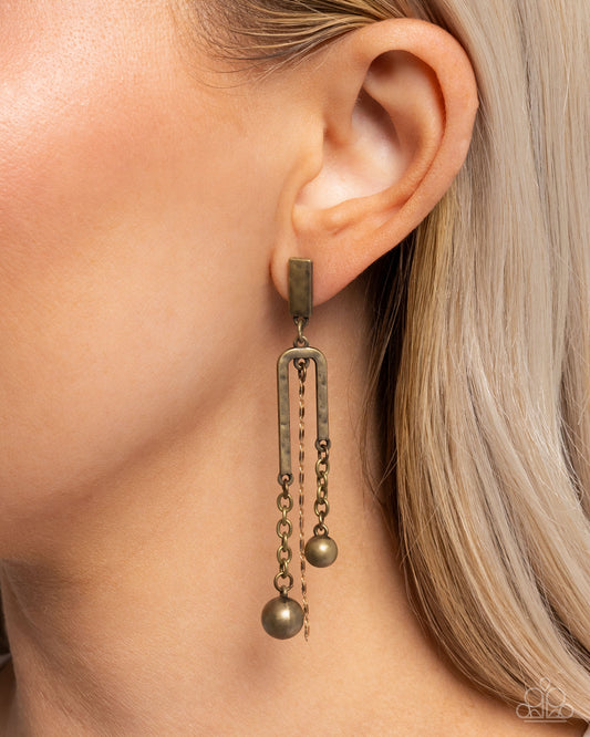 Authoritative Admiration - Brass Hammered Finished Bead & Gold Chain Post Earring Paparazzi E2677