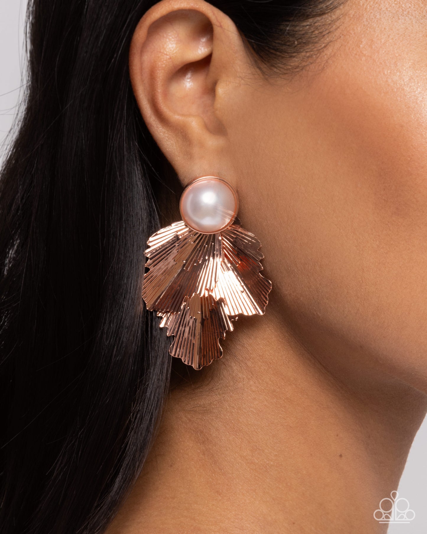 Paparazzi Mermaid Memorate - Copper - Shiny Copper Mermaid-Like Scales & White Pearl Post Earring