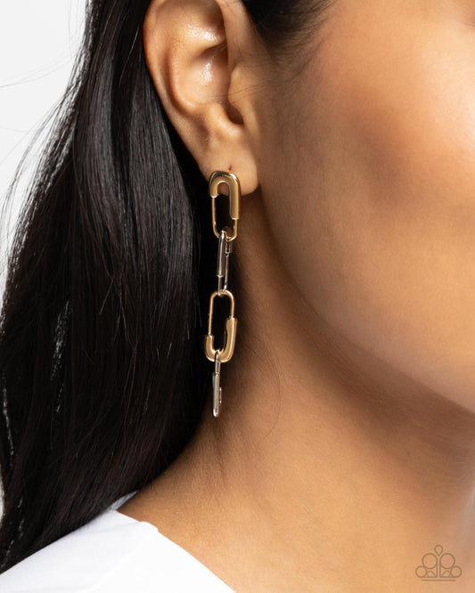 Linked Launch - Multi Gold & Silver Safety Pin Style Earring Paparazzi E2760