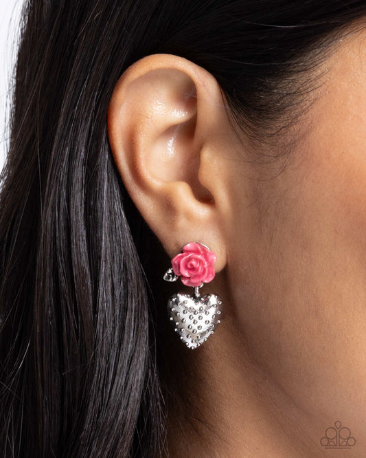 Girly Grade - Pink Desert Rose Rosette & Silver Heart Earring Paparazzi E2331
