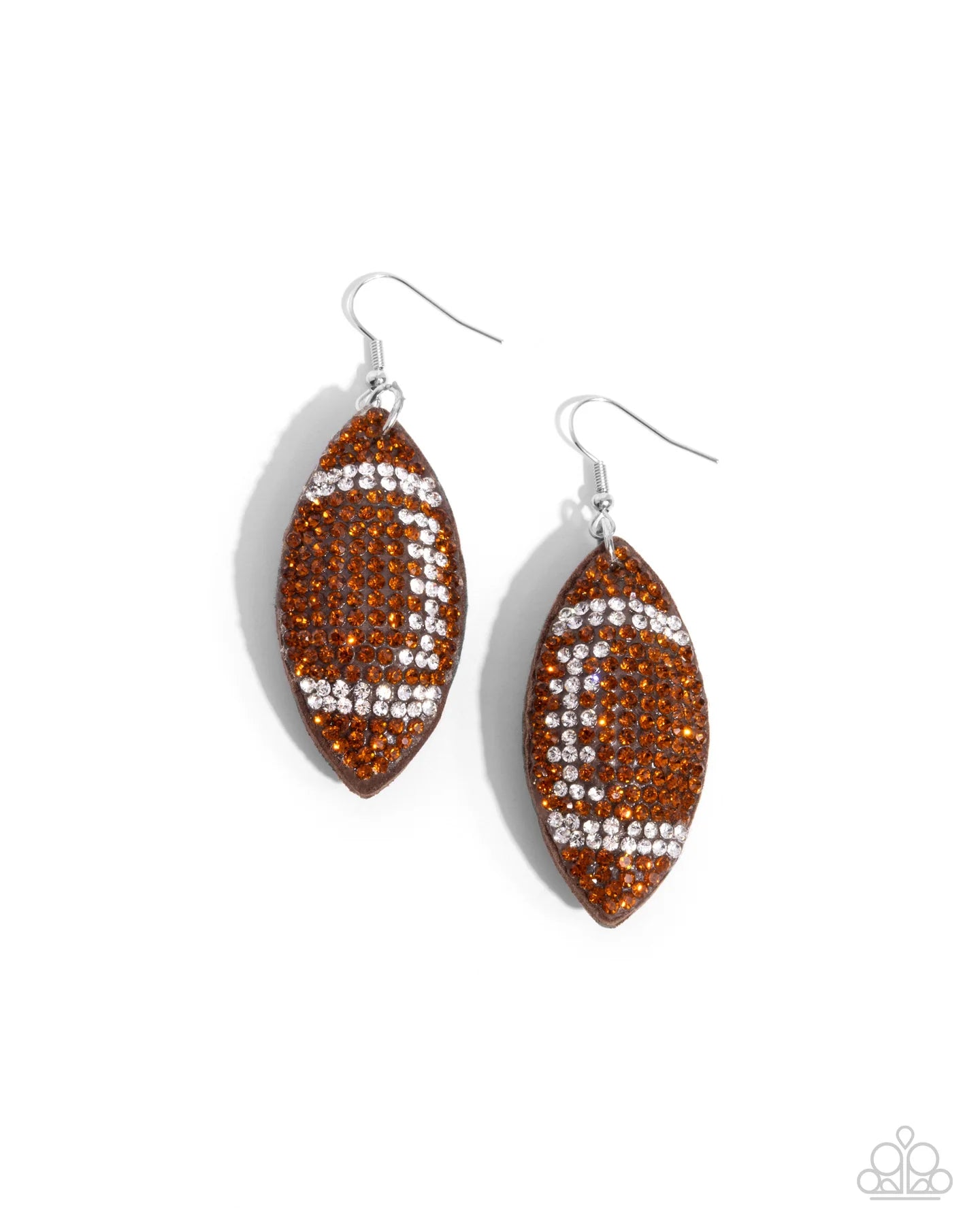 Thrilling Touchdown Brown Tea & White Rhinestone Football Earring Paparazzi E2117