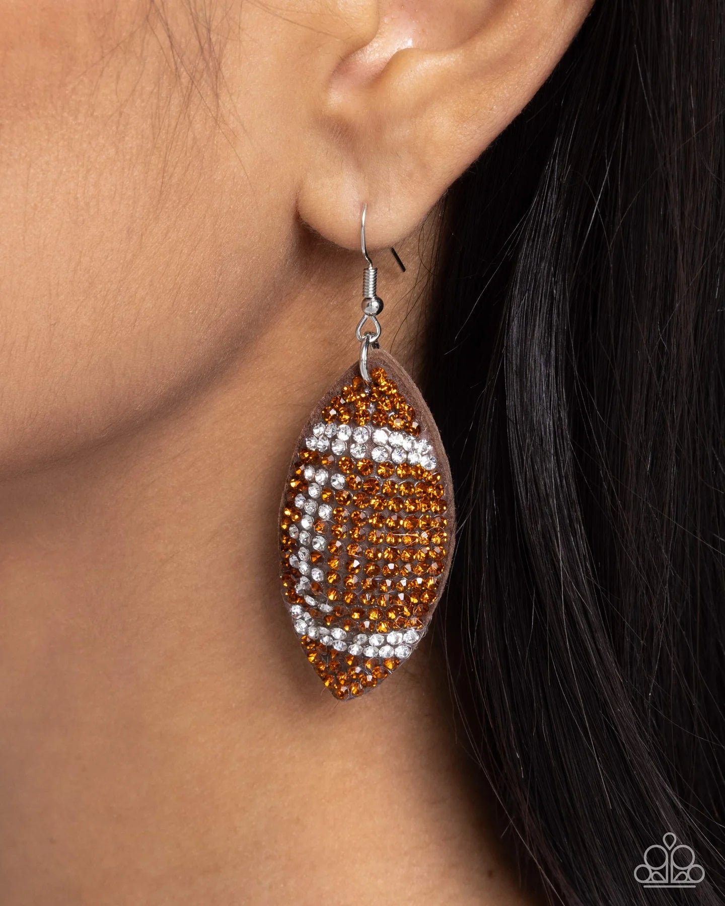 Thrilling Touchdown Brown Tea & White Rhinestone Football Earring Paparazzi E2117