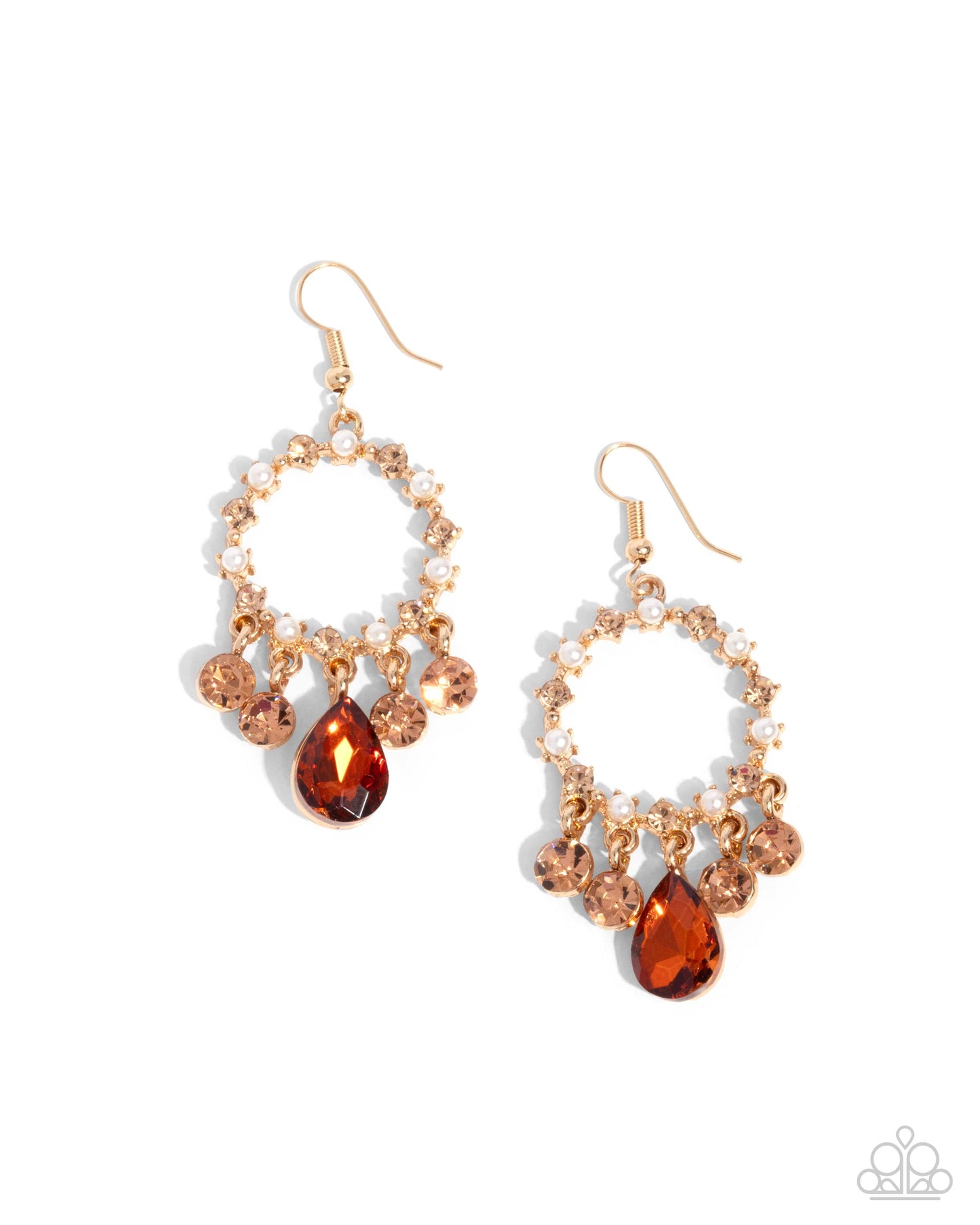 Paparazzi Regency Radiance - Brown Topaz Gem, Light Peach Rhinestone & Gold Earring