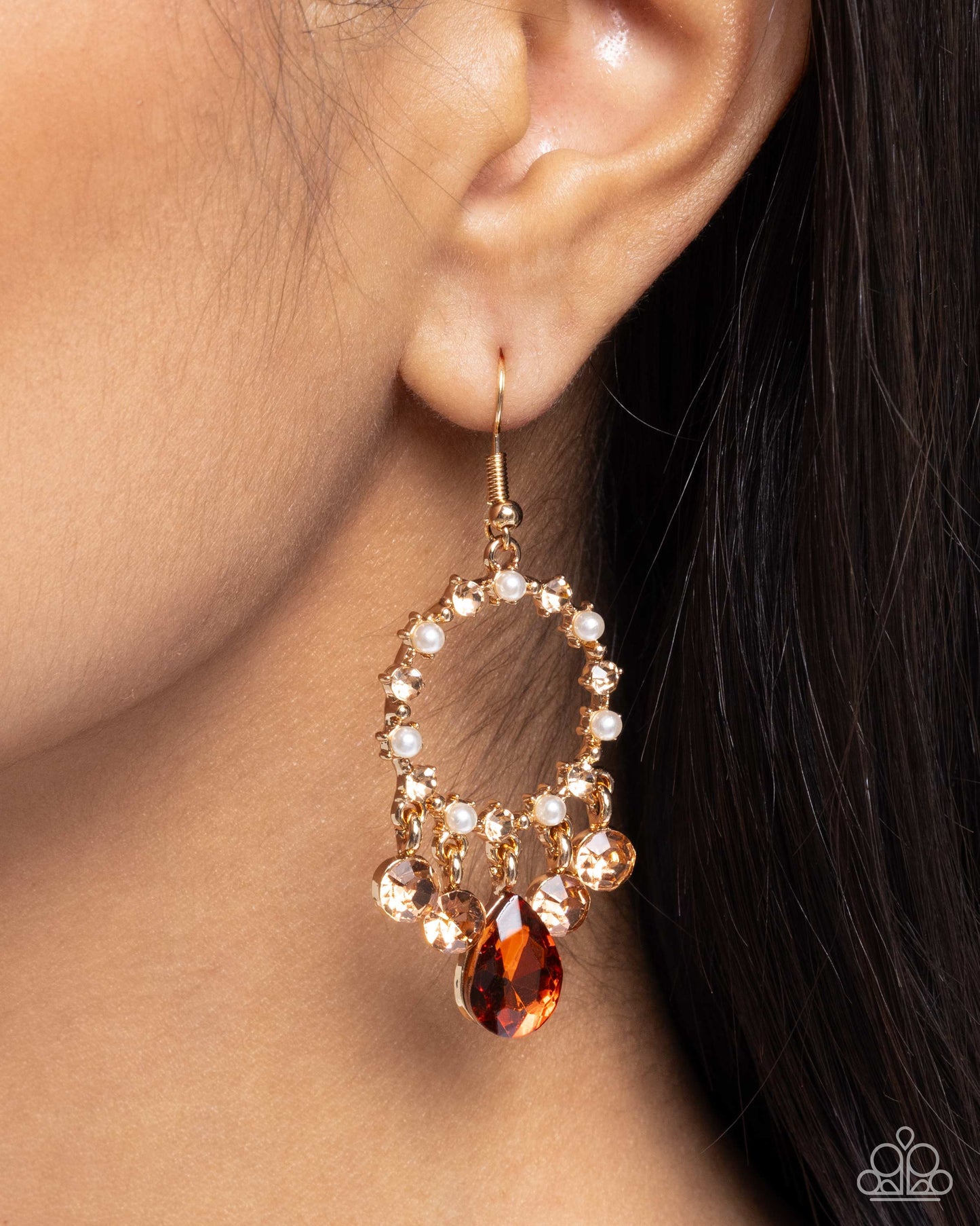 Paparazzi Regency Radiance - Brown Topaz Gem, Light Peach Rhinestone & Gold Earring