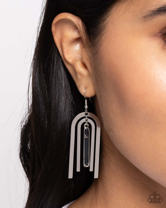 Coarse Conversation - Black Marbled Stone & Silver Bar Santa Fe Style Earring Paparazzi E2165