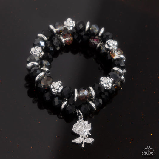 Beauty Contest - Black Faceted, Smoky Bead, Silver Rose Charm Set of 2 Stretch Bracelets Paparazzi B1920