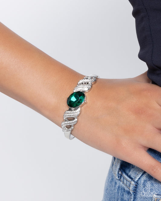 Sentimental Society - Green Gem, White Rhinestone Silver Cuff Bracelet Paparazzi B2041