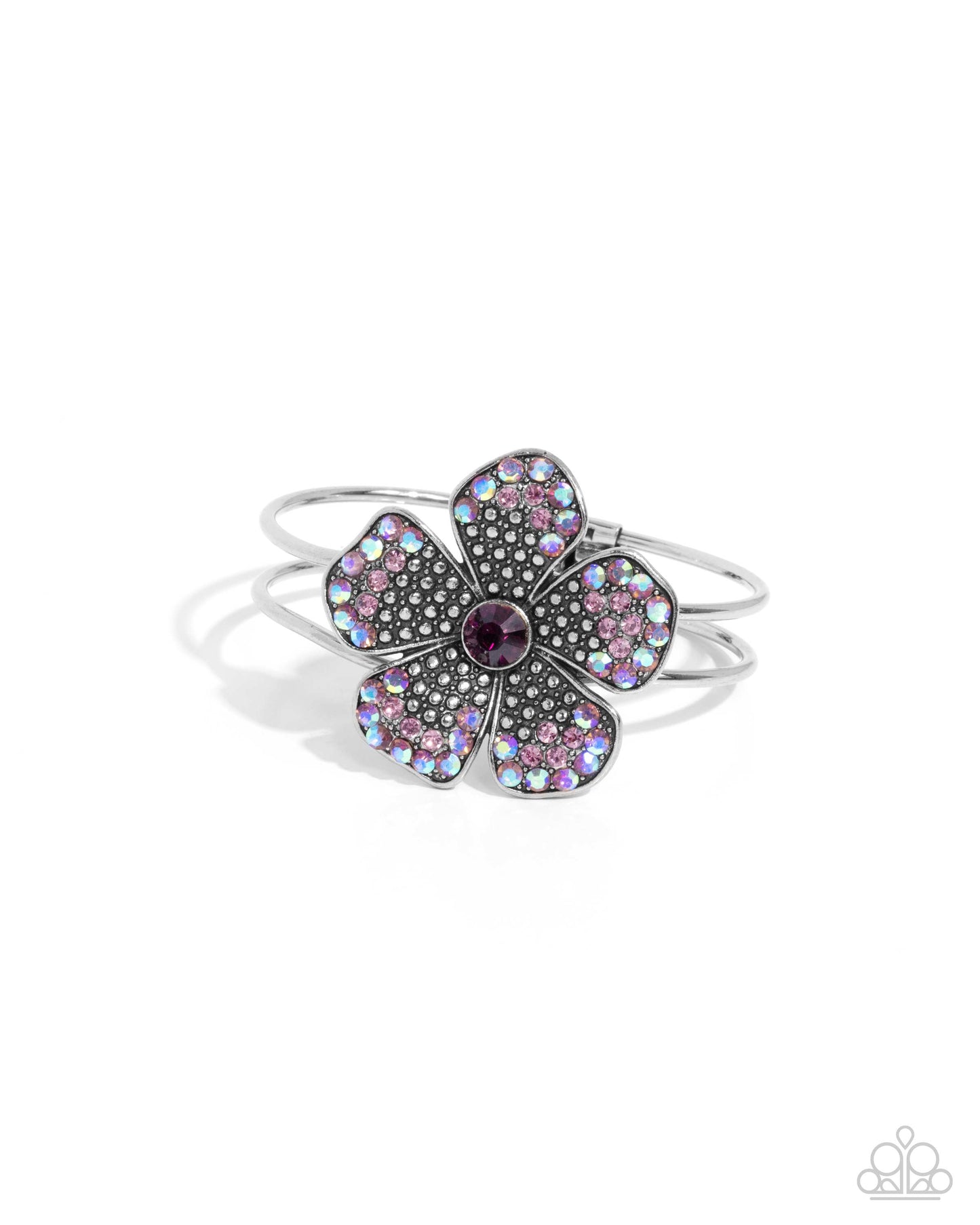 Bedazzled Bloom - Purple Amethyst Iridescent Rhinestone Flower Hinged Bracelet Paparazzi B1775