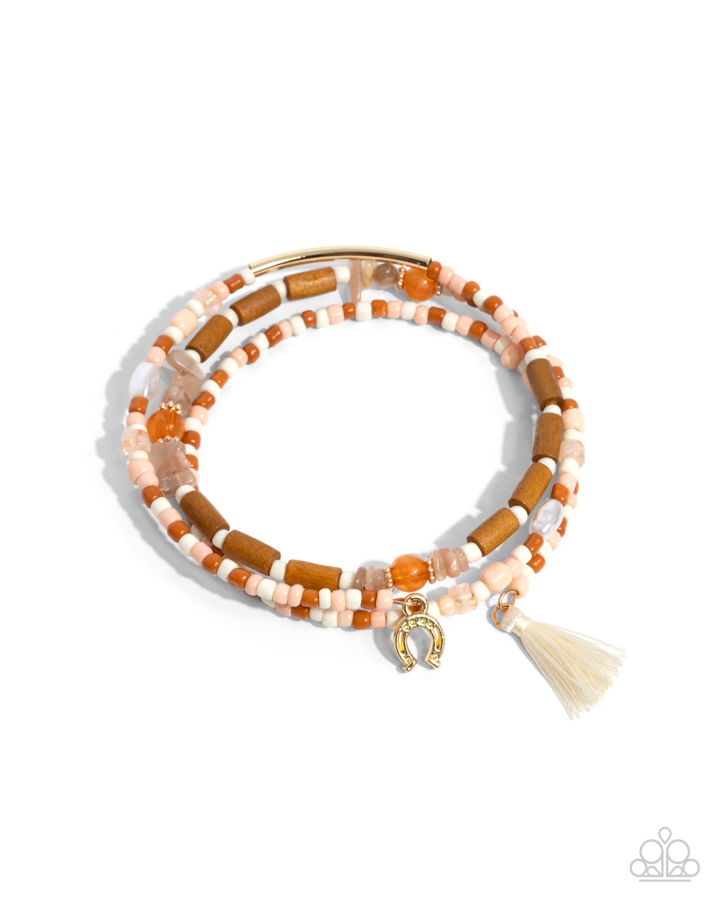 Colored Conversation - Orange Tomato Cream, Light Peach, Ivory Seed Bead Coil Horseshoe Charm Bracelet Paparazzi B1829