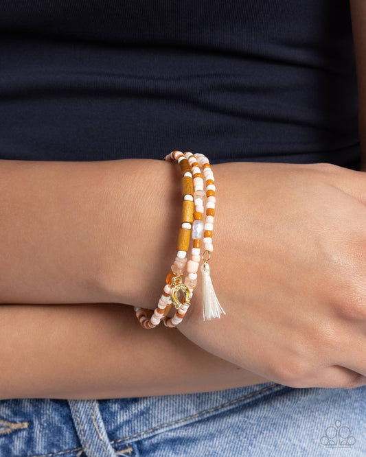 Colored Conversation - Orange Tomato Cream, Light Peach, Ivory Seed Bead Coil Horseshoe Charm Bracelet Paparazzi B1829