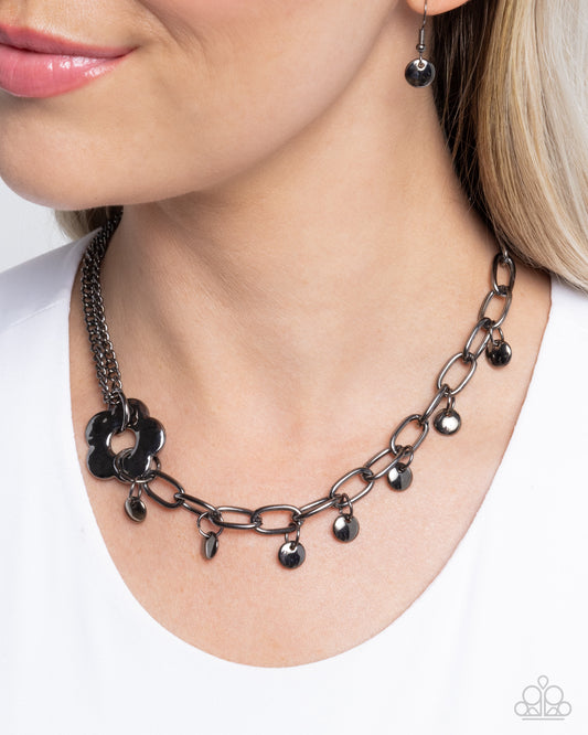Magic Merger - Black Gunmetal Chain Hammered Flower Necklace Paparazzi N2648