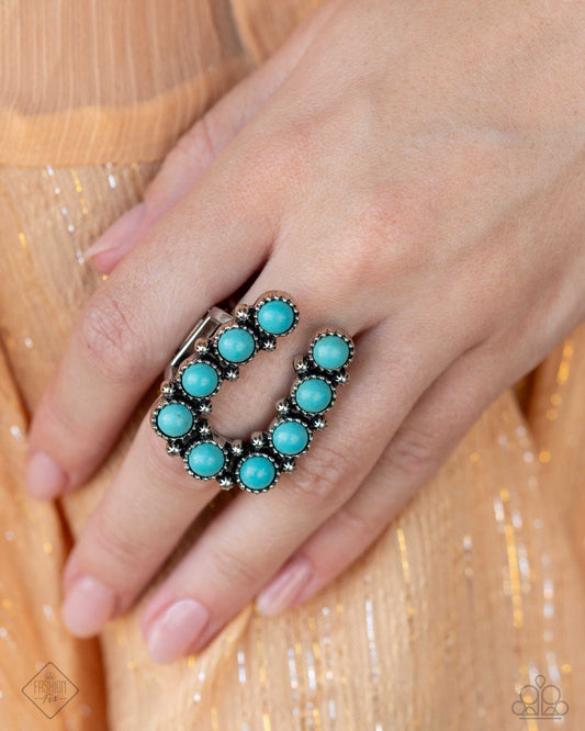 Wild West Whisper - Blue Turquoise Stone Horseshoe Style Ring Simply Santa Fe Fashion Fix September 2024 Paparazzi R0792