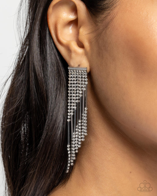 Careless Cascade - Black Gunmetal Bars & White Rhinestone Fringe Earring Paparazzi E2580