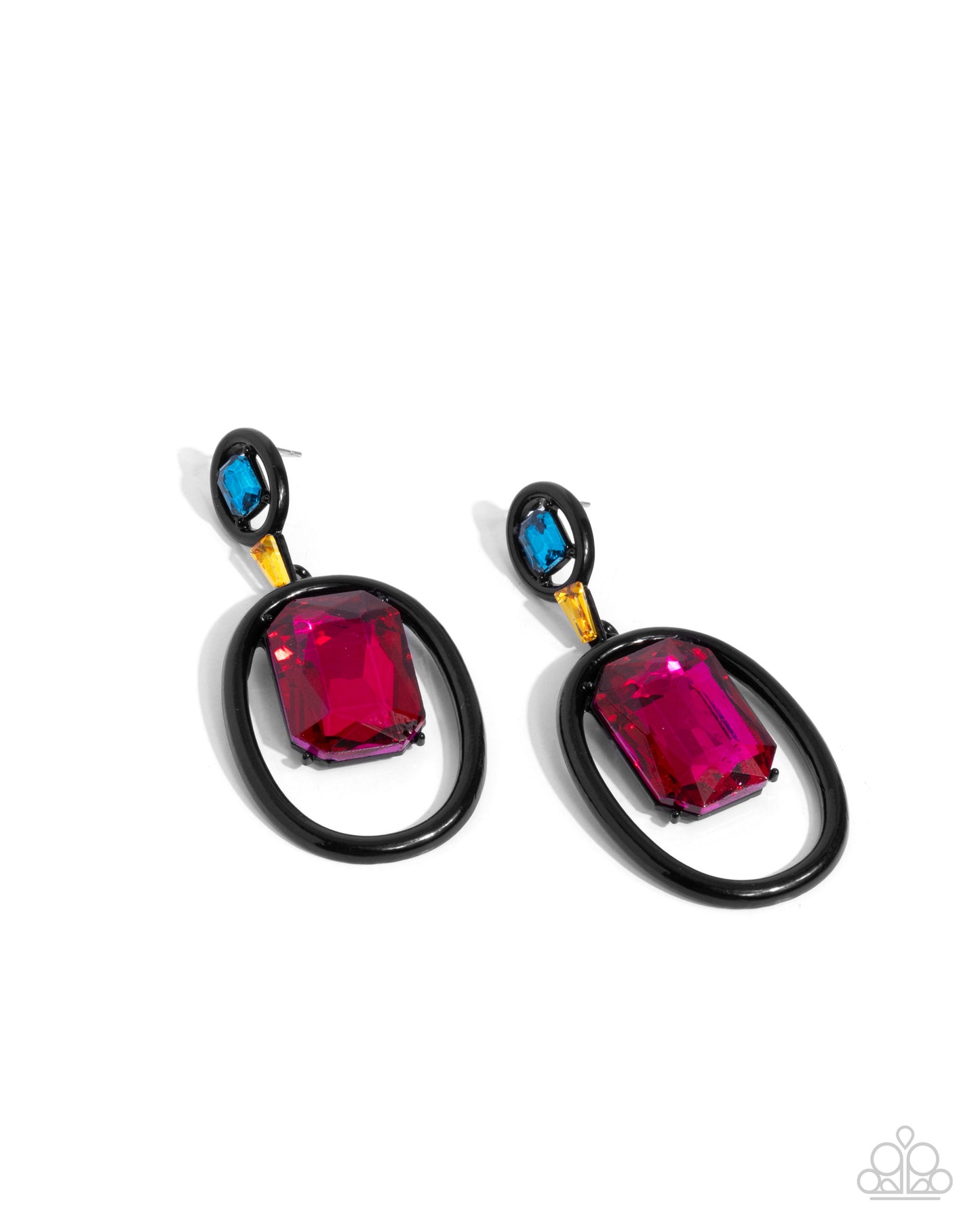 Dipped in Dazzle - Black Oversized Painted Frame Blue, Yellow, Pink Fuchsia Gem Earring Paparazzi E2159