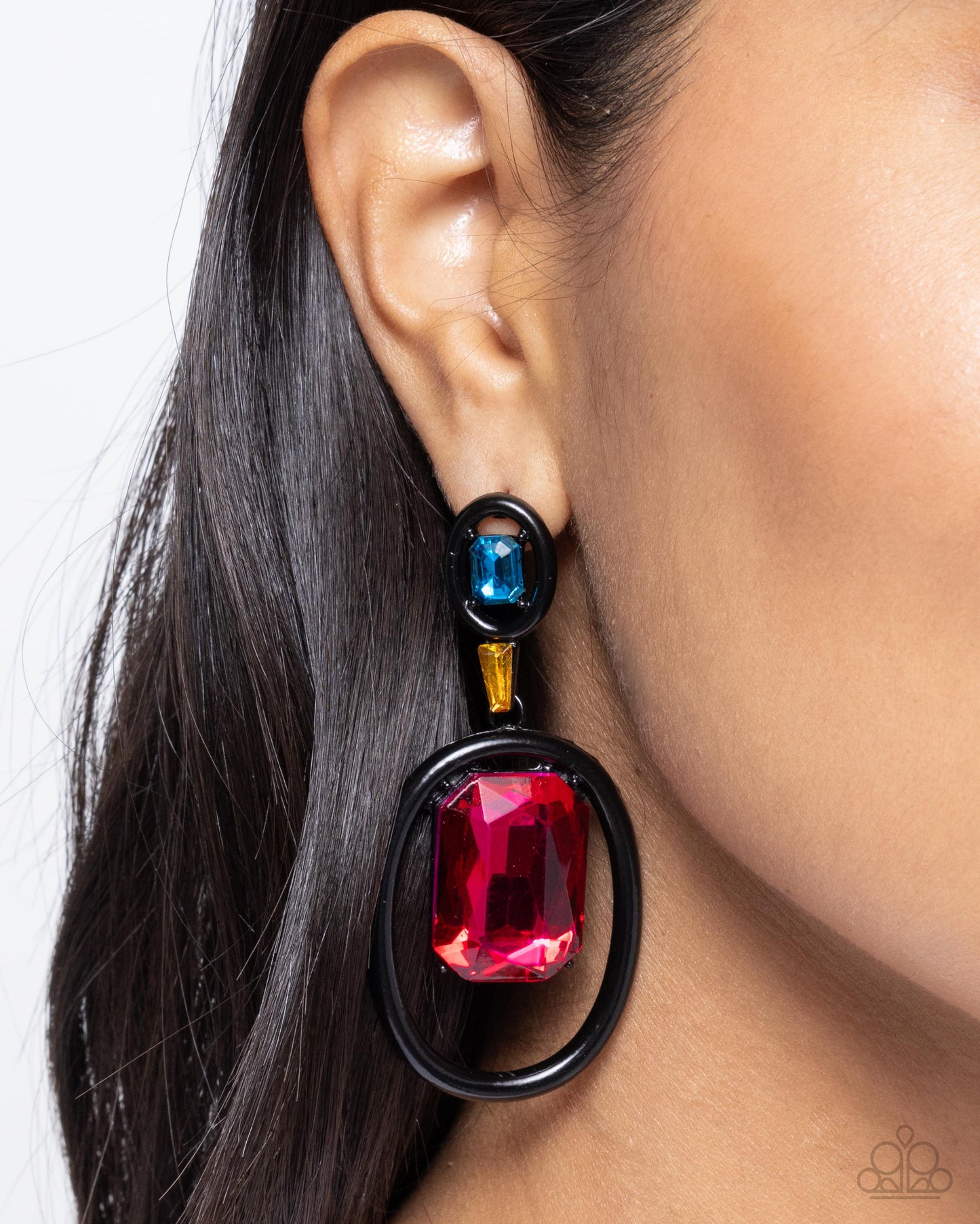 Dipped in Dazzle - Black Oversized Painted Frame Blue, Yellow, Pink Fuchsia Gem Earring Paparazzi E2159