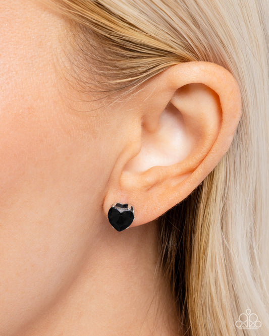 Sweetheart Stunner - Black Heart Gem Silver Stud Earring Paparazzi E2809