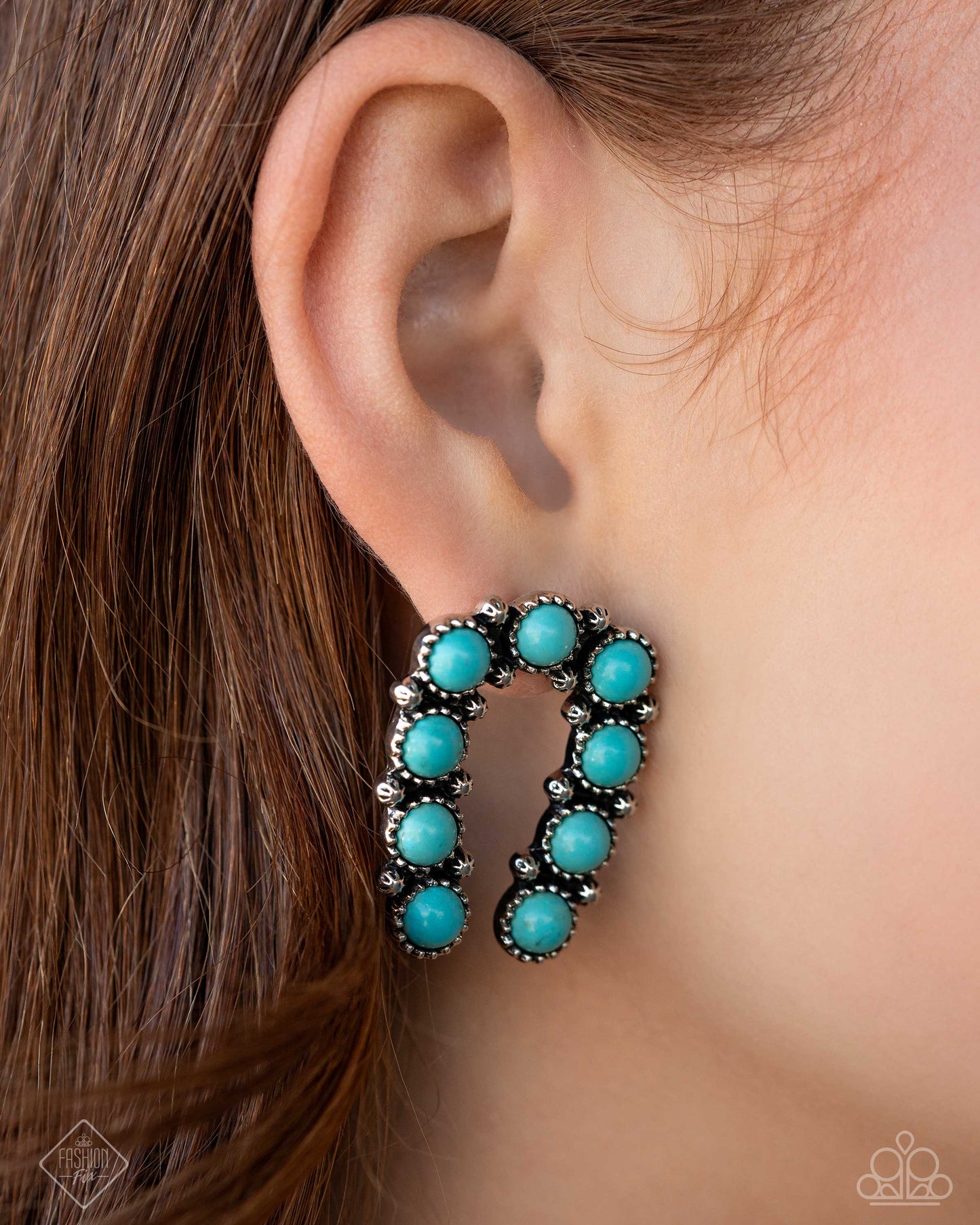 Wild West Wonder - Blue Turquoise Horseshoe Style Earring Simply Santa Fe Fashion Fix September 2024 Paparazzi E2143