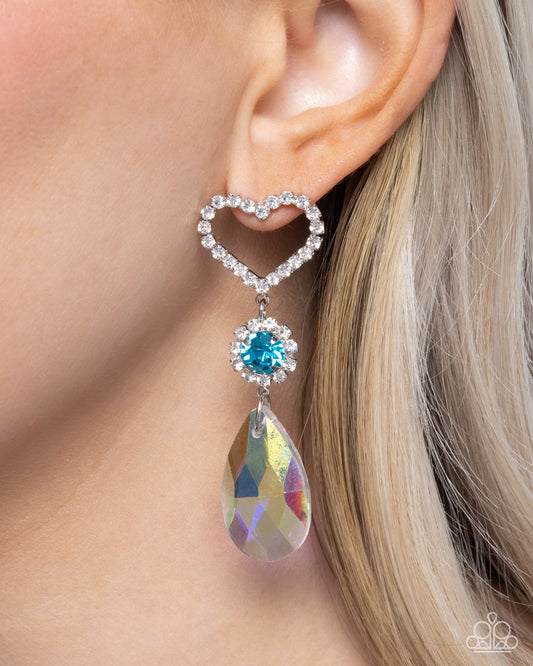 Faceted Frenzy - Blue Iridescent Teardrop Gem & White Rhinestone Heart Post Earring Paparazzi
