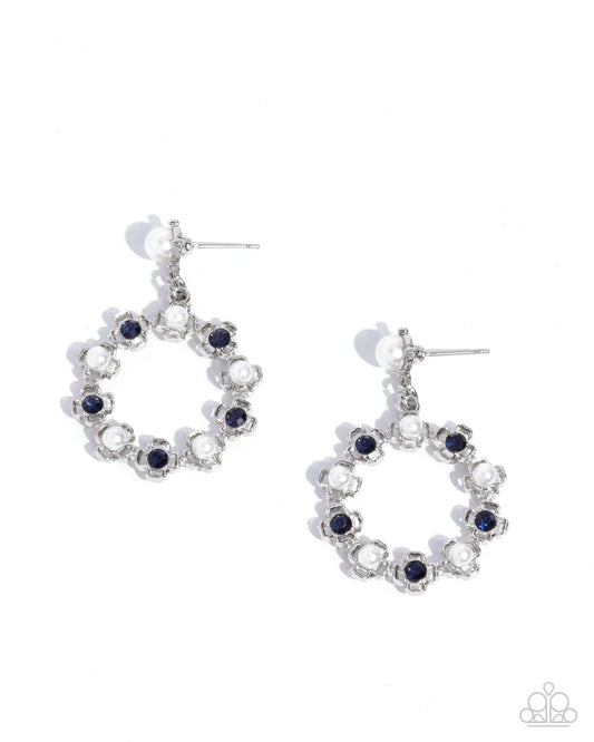 Paparazzi Unforgettably Uptown - Blue Montana Rhinestone & White Pearl Post Earring E2148