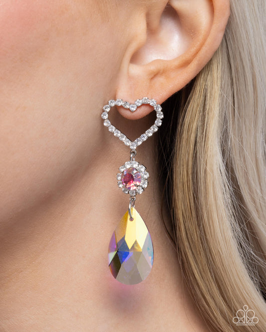 Faceted Frenzy - Pink Gem White Rhinestone Heart Post Earring Paparazzi E3052