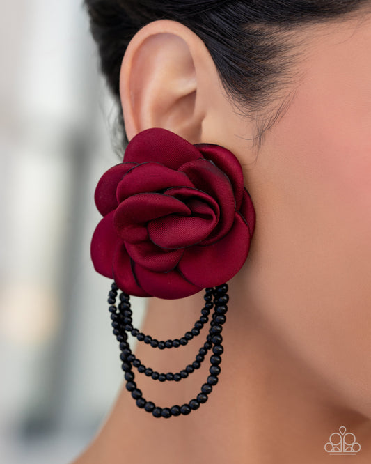 Dramatic Dame - Red Satin Rosette Flower Post Earring 2024 Convention Exclusive Paparazzi E2118