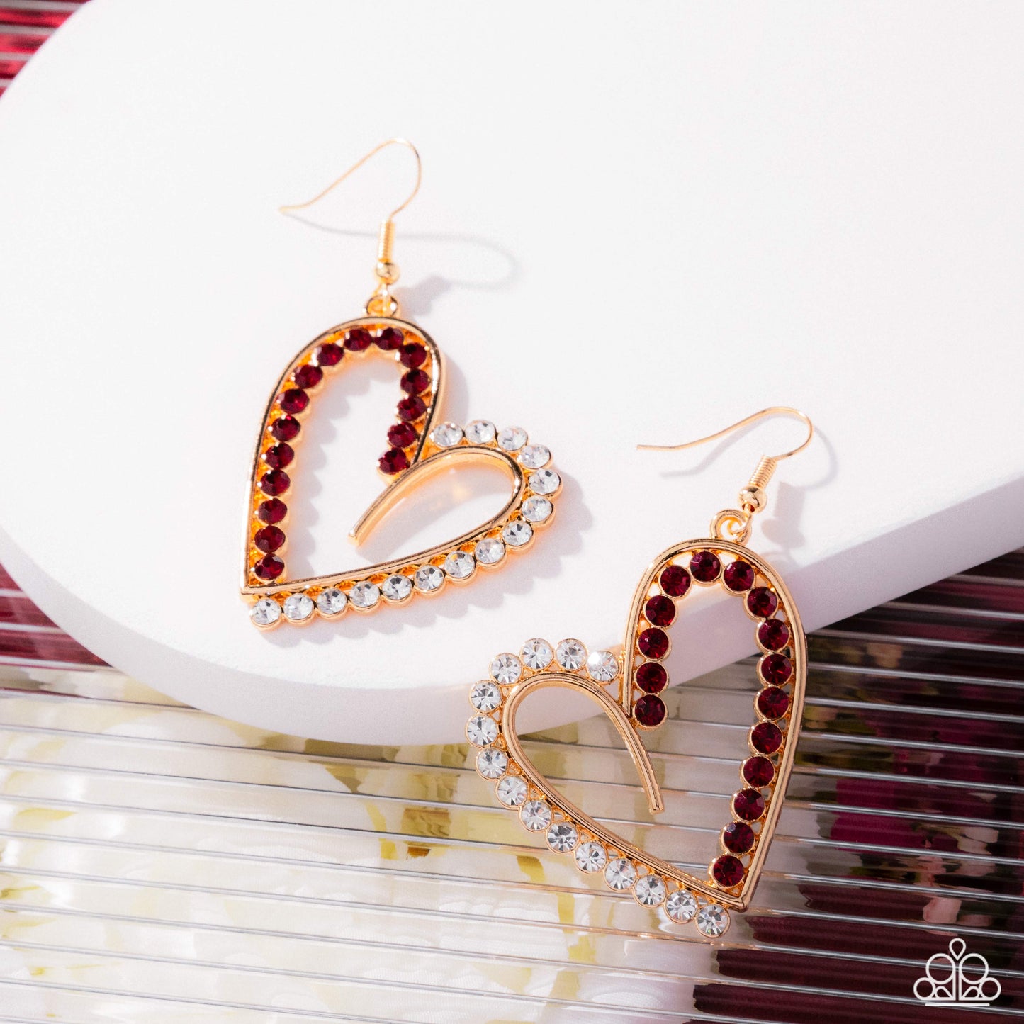 Paparazzi Tender Tendency - Gold, Red & White Rhinestone Heart Earring E3276
