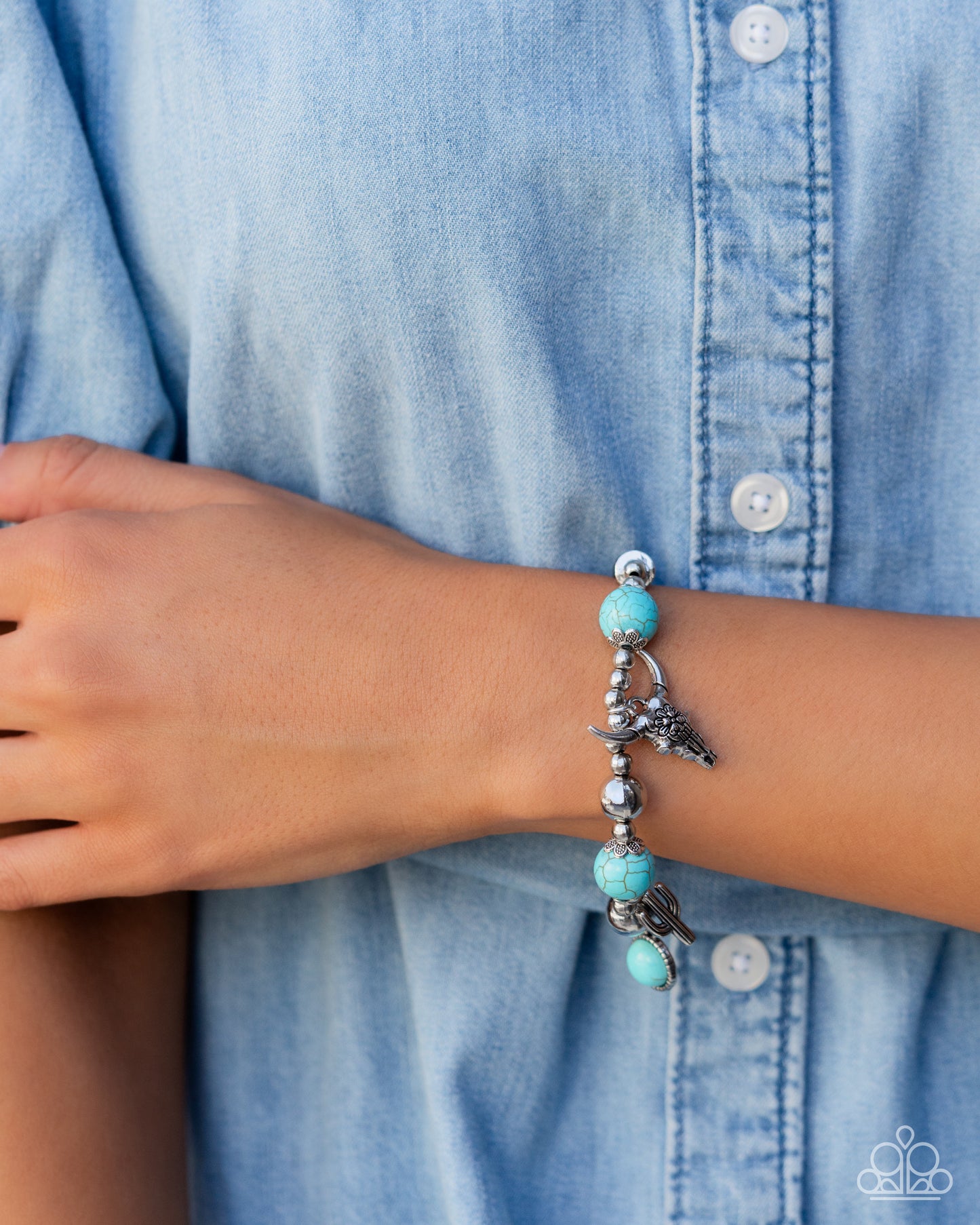 Western Welcome - Blue Turquoise, Longhorn Skull, Cactus Charm Style Santa Fe Style Bracelet Paparazzi B1751