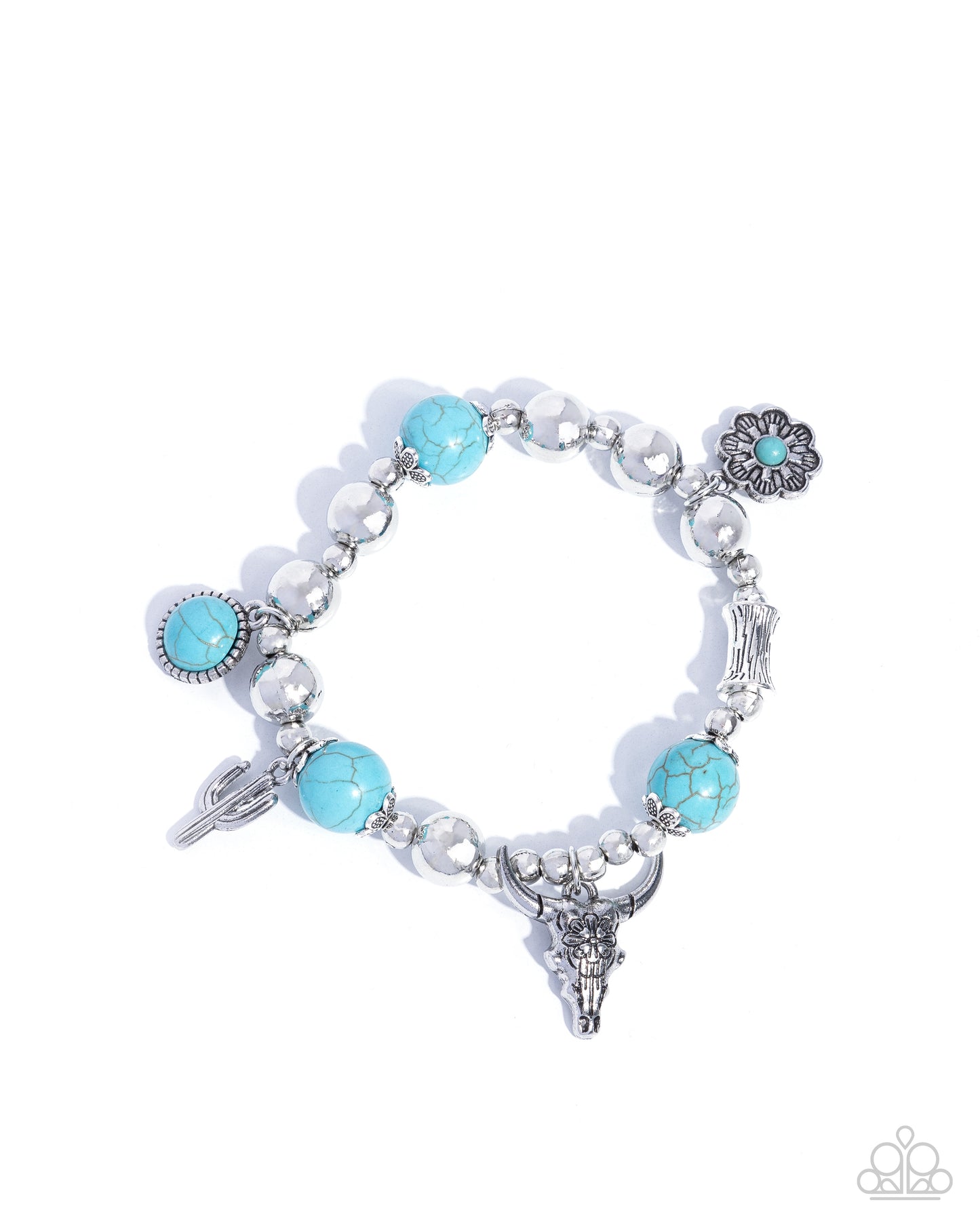 Western Welcome - Blue Turquoise, Longhorn Skull, Cactus Charm Style Santa Fe Style Bracelet Paparazzi B1751