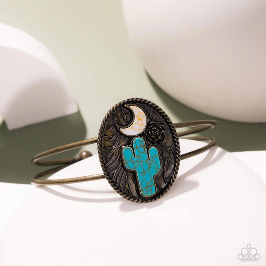 Journey to the West - Brass & Turquoise Stone Cactus Cuff Bracelet Santa Fe Style Paparazzi B2162
