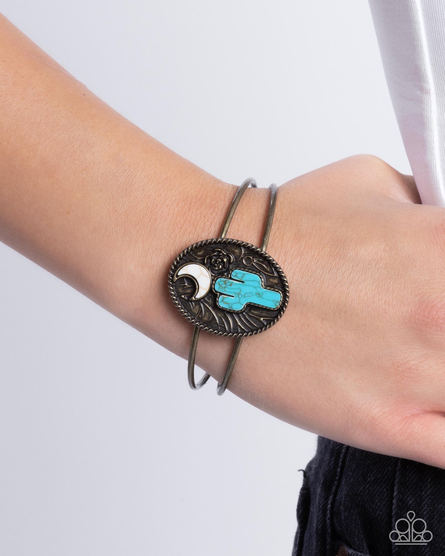 Journey to the West - Brass & Turquoise Stone Cactus Cuff Bracelet Santa Fe Style Paparazzi B2162