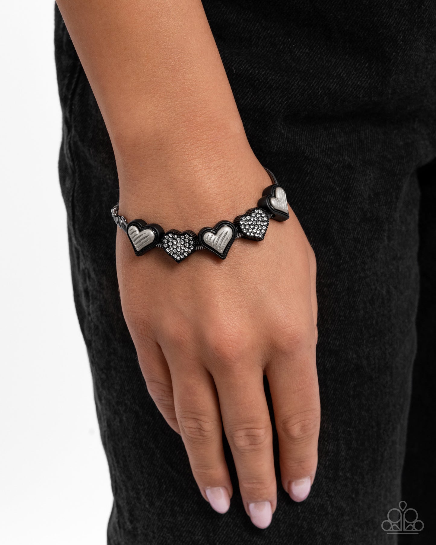 Pure Chemistry - Black Gunmetal Snake Chain, White & Black Heart Clap Bracelet Paparazzi B2424